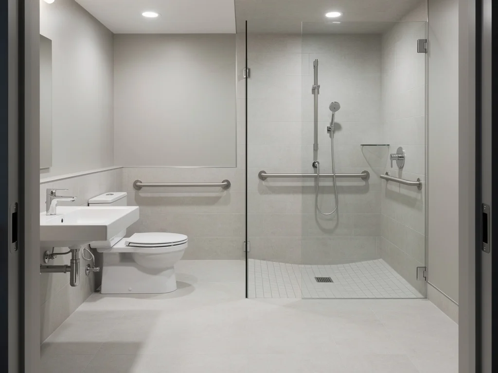 Salle de bain accessible en fauteuil roulant avec douche ouverte et large espace de rotation