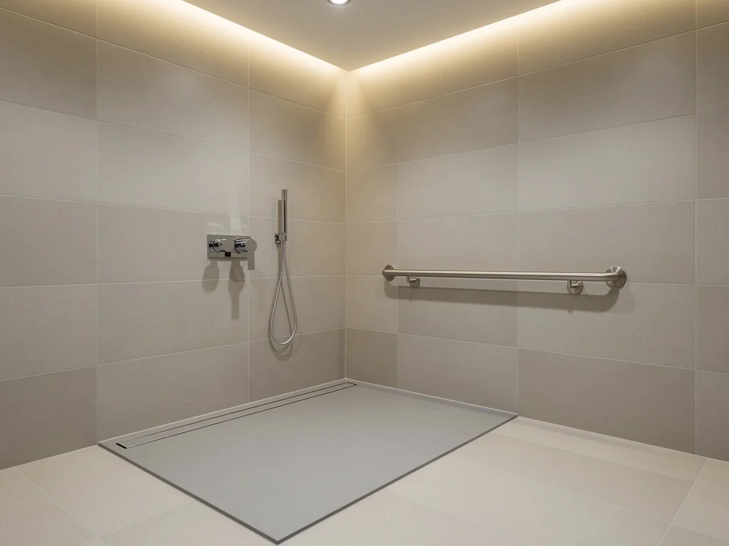 Receveur extra-plat antidérapant avec mitigeur thermostatique et poignée de sécurité