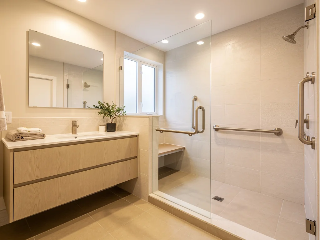 Salle de bain PMR rénovée, lumineuse et chaleureuse, avec douche sécurisée et siège
